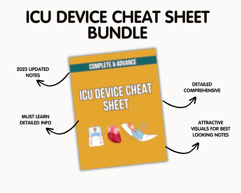 May include: A bundle of ICU Device Cheat Sheets with the title "ICU DEVICE CHEAT SHEET BUNDLE". The cover is yellow with the title "ICU DEVICE CHEAT SHEET" and the words "COMPLETE & ADVANCE". The image includes illustrations and text such as "2025 UPDATED NOTES".