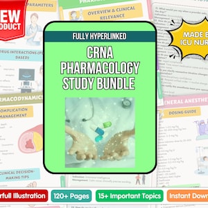 Op de afbeelding: Een studiebundel voor CRNA-farmacologie, met kleurrijke illustraties en meer dan 120 pagina's. De bundel bevat 15+ belangrijke onderwerpen en is volledig hyperlinked. Het product is nieuw en gemaakt door een IC-verpleegkundige.