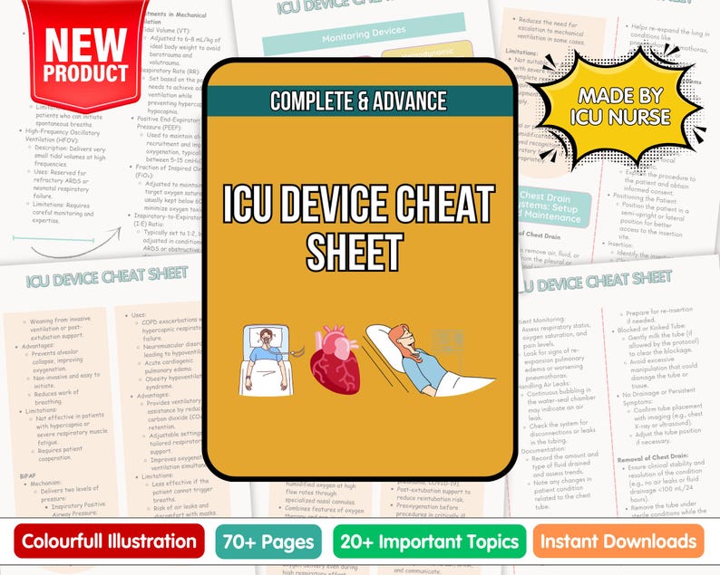 May include: A medical reference sheet titled "ICU Device Cheat Sheet" with colorful illustrations. The sheet includes the text "Complete & Advance" and "Made by ICU Nurse". Additional text includes "70+ Pages" and "20+ Important Topics".