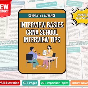 Puede incluir: Una guía titulada "Interview Basics CRNA School Interview Tips" con una colorida ilustración de dos personas en una mesa. La guía está etiquetada como "Complete & Advance" e incluye el texto "Made by ICU Nurse."
