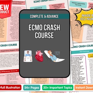 Op de afbeelding: Een medische educatieve bron getiteld "ECMO Crash Course" met kleurrijke illustraties. De cursus omvat 54+ pagina's en 20+ belangrijke onderwerpen. Het product is een nieuwe instant download, gemaakt door een IC-verpleegkundige.