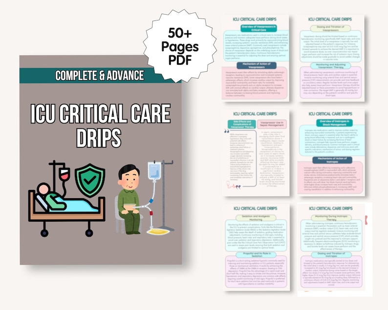 May include: A PDF document titled "ICU Critical Care Drips" with the text "Complete & Advance." The cover features an illustration of a patient in a hospital bed, a medical professional, and medical equipment. The document is labeled "50+ Pages PDF."