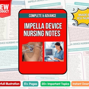 May include: A red and black Impella Device Nursing Notes guide with colorful illustrations. The guide includes 51+ pages and covers 20+ important topics. The cover features images of medical procedures and a nurse.