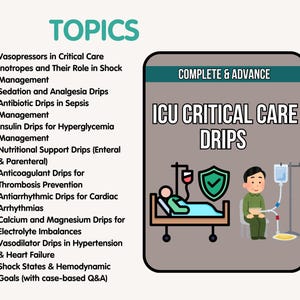 May include: An illustration with the text "ICU Critical Care Drips" and a list of topics including vasopressors, inotropes, and antibiotic drips. The image shows a patient on a gurney and a medical professional.