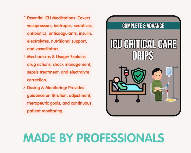 May include: An educational graphic with the text "ICU CRITICAL CARE DRIPS" and a list of essential ICU medications, mechanisms, and dosing information. The image includes illustrations of medical equipment and a patient in a hospital bed. The text "MADE BY PROFESSIONALS" is also included.