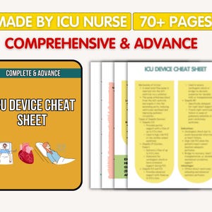 May include: An ICU Device Cheat Sheet with the text "MADE BY ICU NURSE 70+ PAGES COMPREHENSIVE & ADVANCE". The cover is orange with the title "ICU DEVICE CHEAT SHEET" and illustrations. Several pages of detailed information are visible.