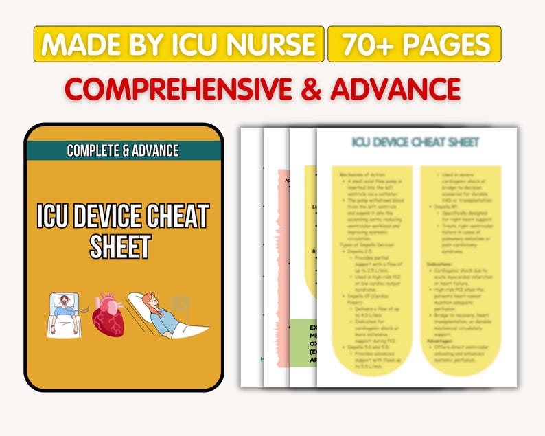 May include: An ICU Device Cheat Sheet with the text "MADE BY ICU NURSE 70+ PAGES COMPREHENSIVE & ADVANCE". The cover is orange with the title "ICU DEVICE CHEAT SHEET" and illustrations. Several pages of detailed information are visible.