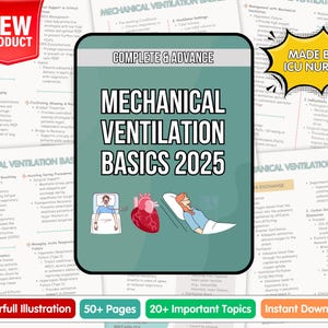 Könnte beinhalten: Ein farbenfroher Leitfaden mit dem Titel "Mechanical Ventilation Basics 2025" mit Illustrationen eines Patienten an einem Beatmungsgerät und einem Herzen. Der Leitfaden wird als "Komplett & Fortgeschritten" und "Erstellt von einer Intensivpflegekraft" beschrieben.