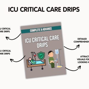 May include: A medical educational resource titled "ICU Critical Care Drips" with illustrations of medical equipment and patients. The cover includes the text "Complete & Advance" and "Detailed Comprehensive". The image also includes the text "Attractive visuals for best looking notes".