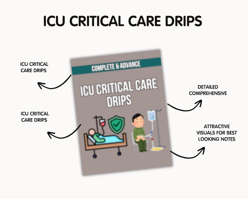 May include: A medical educational resource titled "ICU Critical Care Drips" with illustrations of medical equipment and patients. The cover includes the text "Complete & Advance" and "Detailed Comprehensive". The image also includes the text "Attractive visuals for best looking notes".