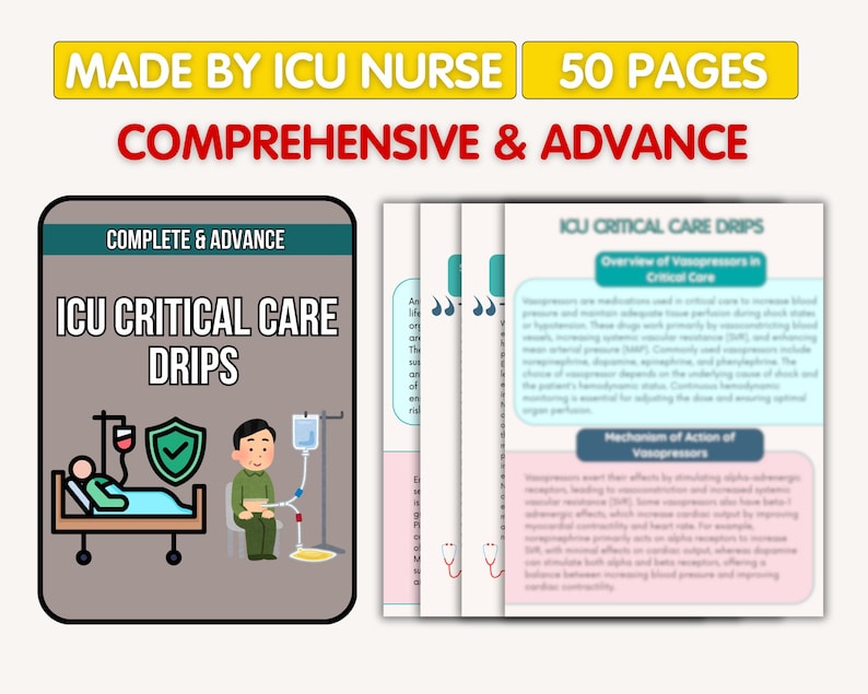 May include: A medical reference guide titled "ICU Critical Care Drips" with 50 pages. The cover features an illustration of a patient on a hospital bed, a shield, and a nurse. The text reads "Made by ICU Nurse" and "Comprehensive & Advance".