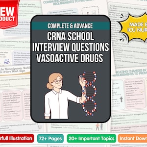 May include: A digital study guide for CRNA school interview questions on vasoactive drugs. The guide features a colorful illustration of a person holding a DNA strand, with the text "COMPLETE & ADVANCE CRNA SCHOOL INTERVIEW QUESTIONS VASOACTIVE DRUGS".