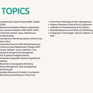 May include: A white background with the word "TOPICS" in teal. The image lists topics related to critical care, including cardiovascular support devices, mechanical ventilation, and smart pump technology. The text is in a sans-serif font.