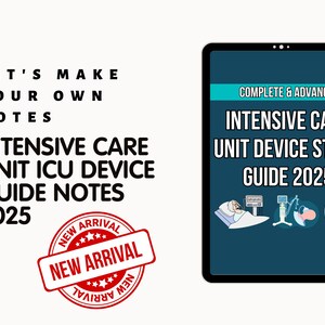 Puede incluir: Una tableta digital que muestra una portada azul y blanca con el texto "Complete & Advance Intensive Care Unit Device Study Guide 2025". La portada presenta ilustraciones de equipos m&eacute;dicos y un paciente en una cama de hospital. Un sello circular rojo con el texto "New Arrival" est&aacute; en la esquina inferior izquierda.