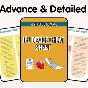 May include: A set of three ICU Device Cheat Sheets with the text "Advance & Detailed" and "ICU Device Cheat Sheet". The central sheet is mustard yellow with illustrations of a patient, heart, and another patient. The other two sheets are white and yellow.