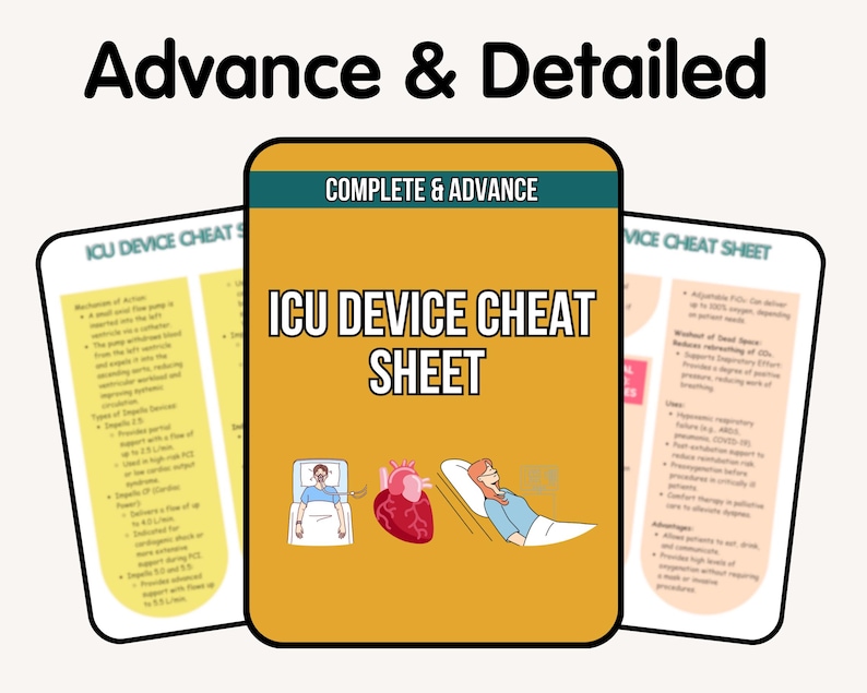May include: A set of three ICU Device Cheat Sheets with the text "Advance & Detailed" and "ICU Device Cheat Sheet". The central sheet is mustard yellow with illustrations of a patient, heart, and another patient. The other two sheets are white and yellow.