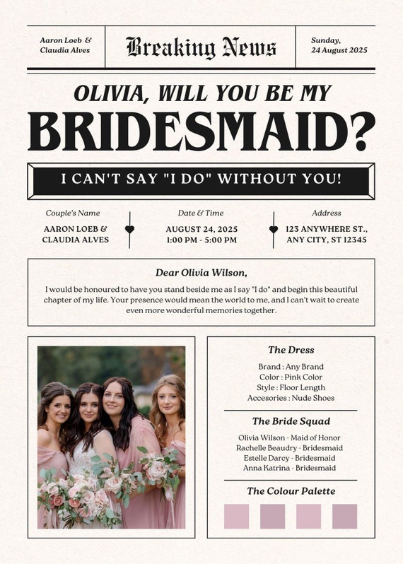 Personalized Bridesmaid Proposal Invitation Elegant Custom Card
