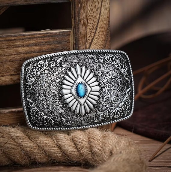 Silver Western Belt Buckle - Turquoise Rhinestone - Belt  display picture 2