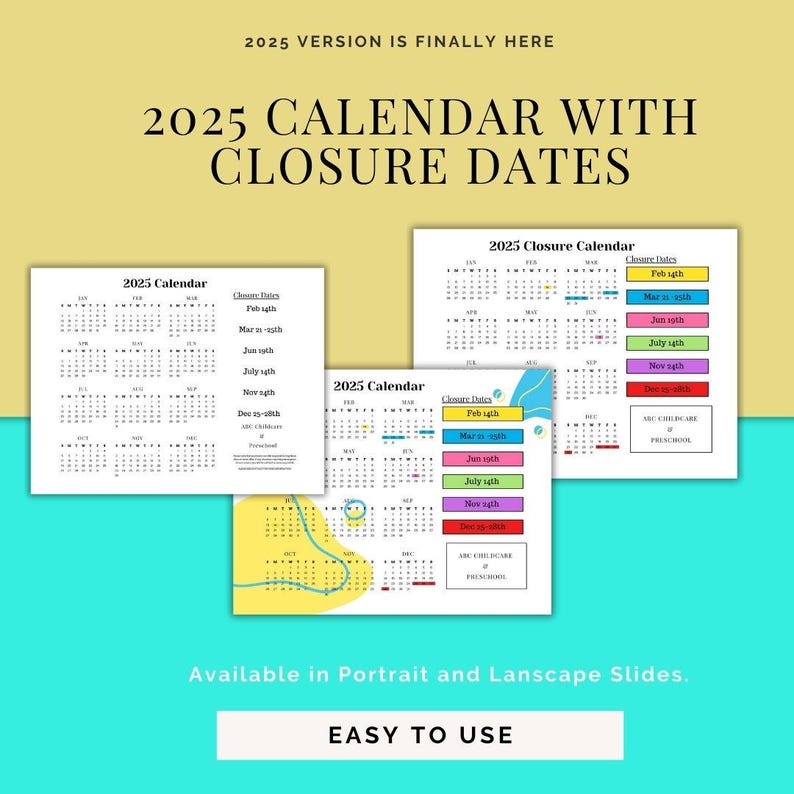 2025 Business Closure Calendar Template (digital Download) - Etsy