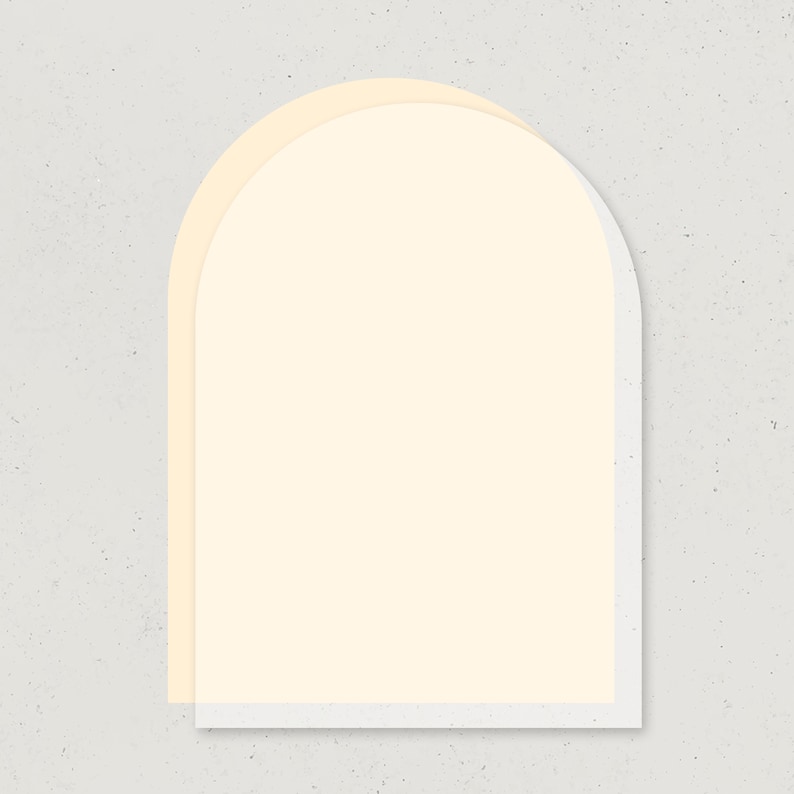 May include: A layered, minimalist design featuring a soft, off-white arch shape. The arch is outlined in a subtle white border, with a pale yellow overlay creating a sense of depth. The background is a textured, speckled light grey.
