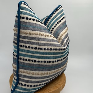 Blue Stripped Tufted Luxury Pillowcase with Blue Pipping,Linen Textured Tufted Woven Blue Euro Sham,Blue Stripped Pillow,Halloween Gift