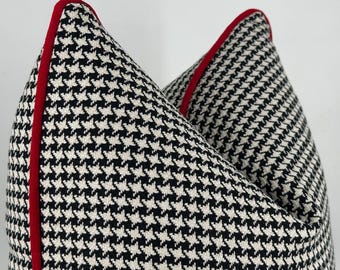 Black White Houndstooth Pillow Cover with Red Pipping,Modern Minimal Cushion, 18x18,Modern Farmhouse Decor