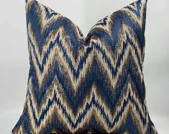 Blue Gold Chevron Pillow Cover, Modern Jacquard Throw Cushion