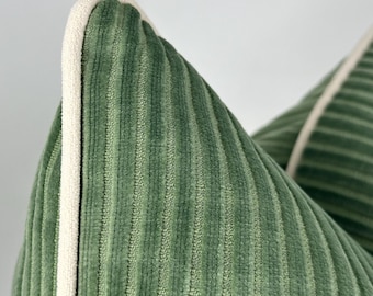 Sage Green Corduroy Pillow Cover, White Piping, Velvet Cushion, Farmhouse Decor
