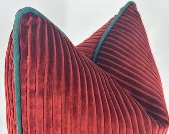 Rust Red Velvet Pillow Cover with Green Piping, Luxury Corduroy Cushion Cover, Modern Accent Pillow, Fall Home Decor