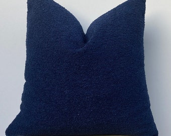 Navy Blue Boucle Pillow Cover, Textured Cotton Wool Throw Pillowcase