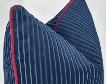 Navy Blue Corduroy Pillow Cover with Burgundy Piping, Luxury Throw Pillow Cover, Modern Cushion Cover, Decorative Sofa Pillow