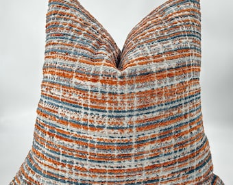 Textured Striped Pillow Cover, Orange Blue Throw Pillow, Modern Farmhouse Cushion, Boho Coastal Decor, Neutral Accent Pillow Case 18x18