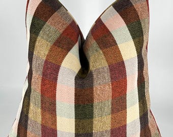 Plaid Chenille Pillow Cover, Terracotta Green Beige Tartan Cushion, Farmhouse Decor