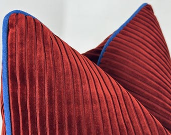 Burgundy Corduroy Velvet Pillow Cover, Blue Piping, Modern Accent Cushion