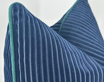 Navy Blue Corduroy Pillow Cover, Emerald Piping, Velvet Cushion, Modern Throw Pillow