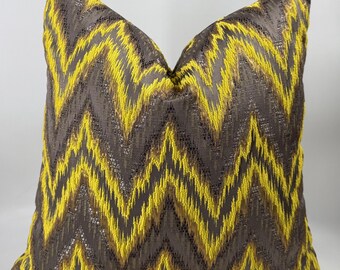 Gray Yellow Ikat Pillow Cover, Geometric Zigzag Statement Cushion, Woven Upholstery Fabric