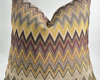 Textured Chevron Pillow Cover, Yellow Maroon Beige Zigzag Cushion, Woven Cotton Fabric (18x18 inches)