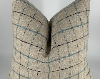 Beige Plaid Throw Pillow Cover,Wool Blend Checkered Cushion,Rustic Farmhouse Decorative Pillow,Neutral Home Decor,Beige Blue ,Halloween Gift
