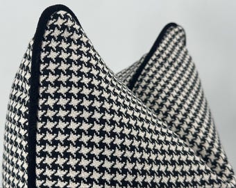 Black White Houndstooth Pillow Cover with Black Pipping,Modern Minimal Cushion, 18x18,Modern Farmhouse Decor