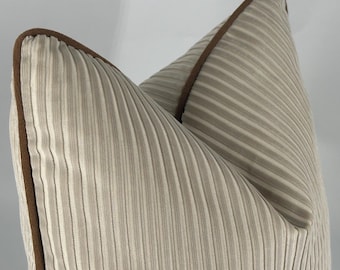 Cream Corduroy Pillow Cover with Brown Piping, Neutral Throw Pillow, Modern Farmhouse Cushion, Luxury Sofa Decor