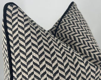 Black Beige Geometric Pillow Cover Black Pipping, Modern Throw Pillow, Boho Cushion Cover, Woven Decorative Pillow, Farmhouse Decor