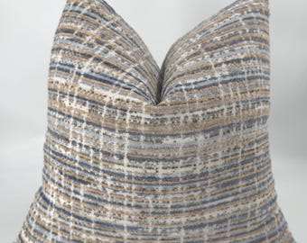 Blue Beige Textured Pillow Cover, Neutral Throw Pillow, Farmhouse Cushion Cover, Woven Stripe Pillow, Modern Rustic Decor, Boho Pillow