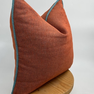 Funda de almohada de lino color ladrillo con ribete turquesa, funda de cojín decorativa de terracota