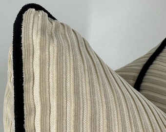 Cream Corduroy Pillow Cover with Black Piping, Neutral Throw Pillow, Modern Farmhouse Cushion, Luxury Sofa Decor
