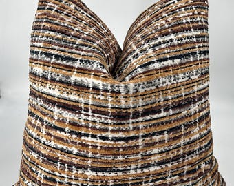 Textured Striped Throw Pillow Cover Brown Mustard Black Cream,Neutral Boho Cushion, Farmhouse Pillowcase