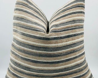 Textured Striped Pillow Cover, Beige Gray Euro Sham, Woven Upjolstery Fabric (20x20)