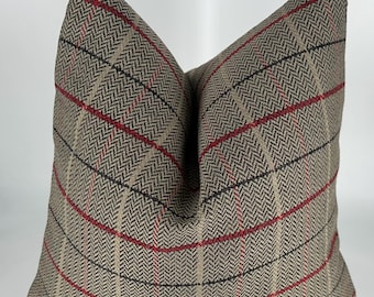 Plaid Herrinbone Throw Pillow Cover,Wool Blend Cushion,Rustic Farmhouse Decorative Pillow,Brown Red Check Pillow, Halloween Gift,Handmade