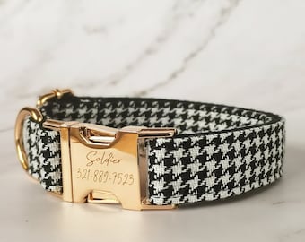 Plaid Dog Collar with Personalized Buckle Custom Name ID Chip Tag Gingham Plaid Black White Designer Fancy Puppy Pet Collar Accessory