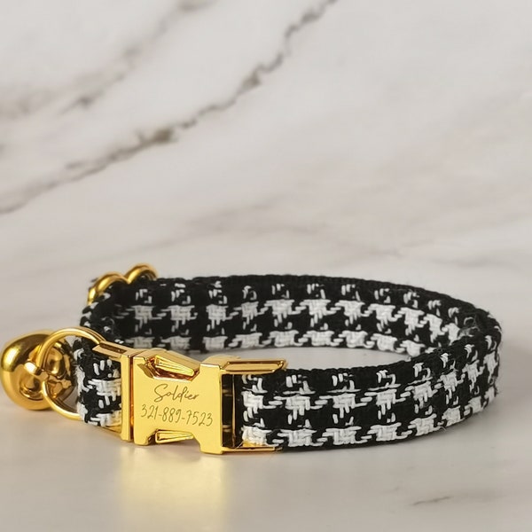 Cat Collar with Bell In Black and White Plaid Pattern with Personalized Engraved Buckle Minimal Designer Small Dog Pet Collar Cat Owner Gift