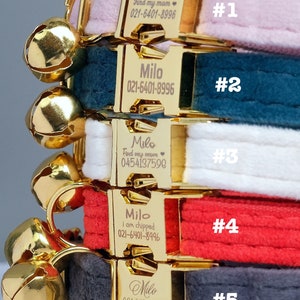 Puede incluir: Cinco collares para gatos diferentes con hebillas y cascabeles dorados. Cada collar tiene un estilo de fuente y un color diferentes. Los collares est&aacute;n etiquetados con los n&uacute;meros del 1 al 5. Los collares tienen texto grabado que dice "Milo" y un n&uacute;mero de tel&eacute;fono.